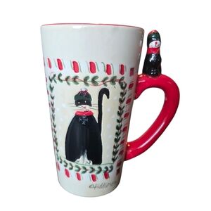 Oneida Sakura Fiddlestix Candy Cane Cat Ceramic 6" Latte Mug Christmas Pre-Owned